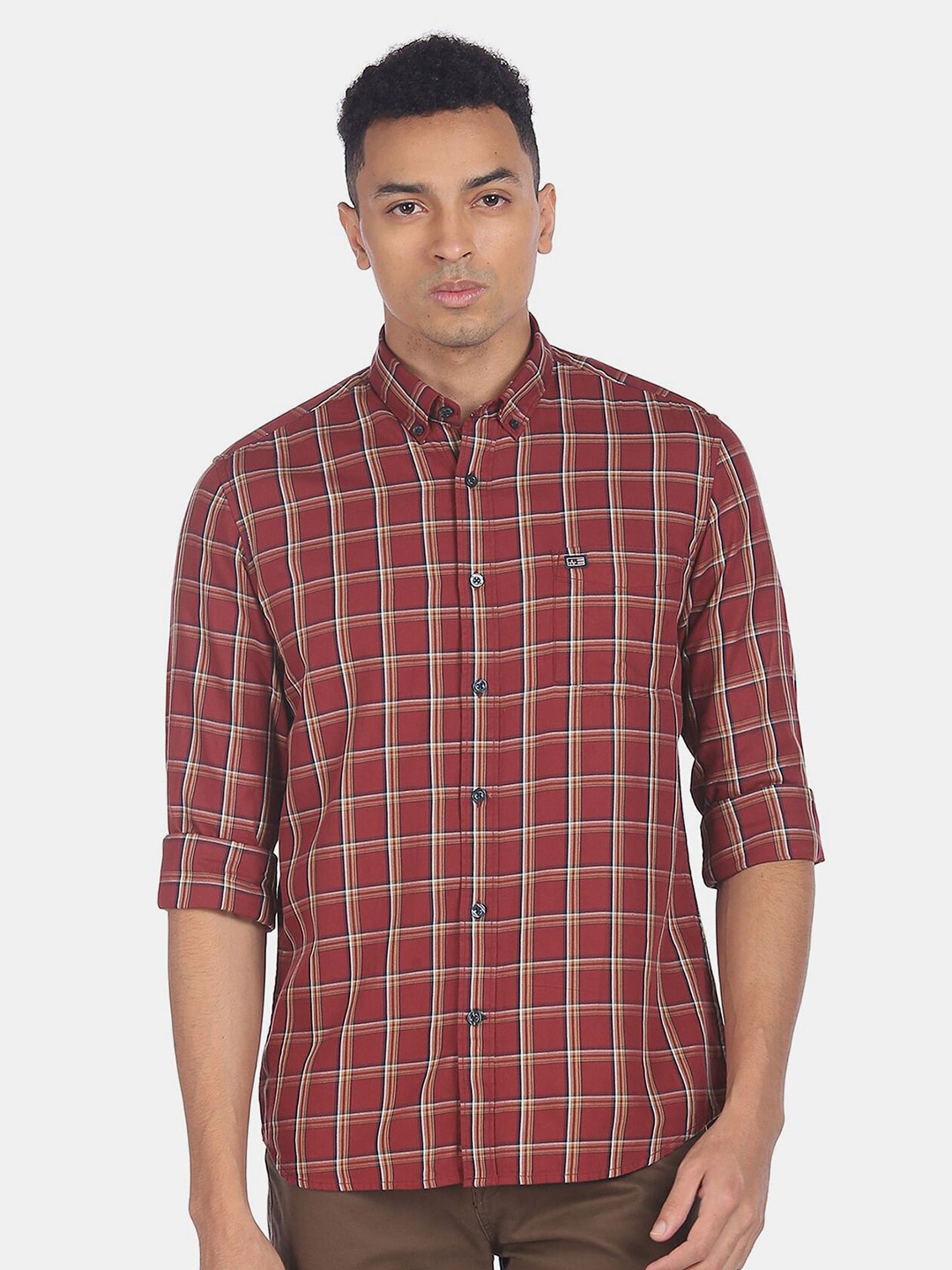 

Arrow Sport Men Brown Tartan Checked Button Down Collar Casual Shirt