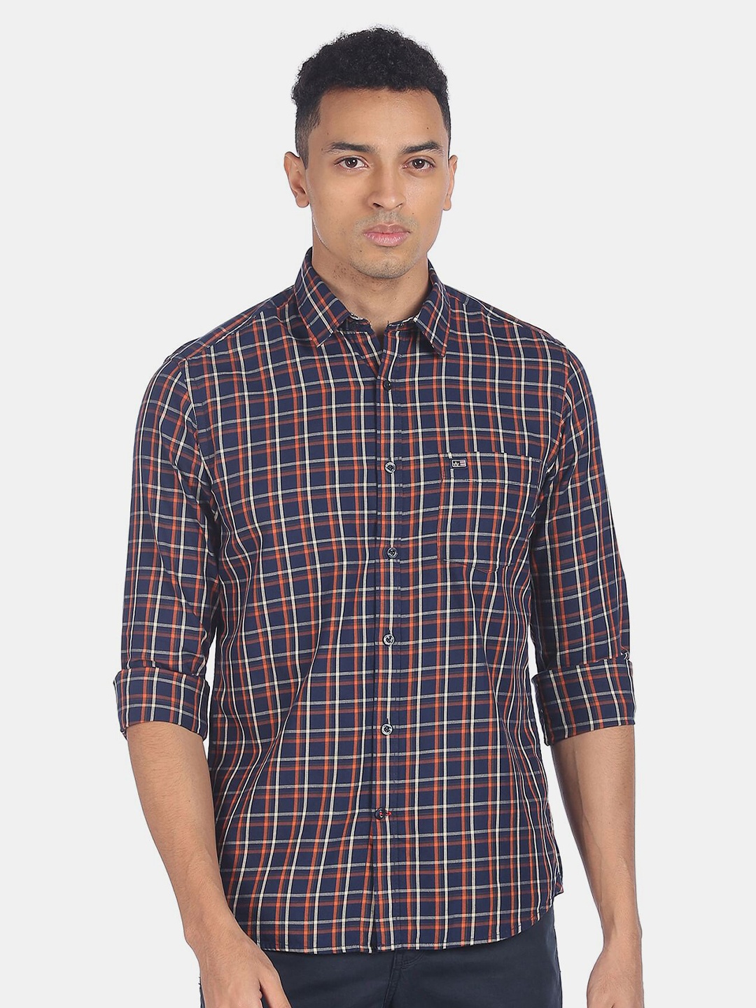 

Arrow Sport Men Navy Blue & Orange Checked Cotton Casual Shirt