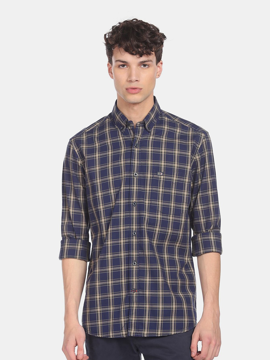 

Arrow Sport Men Navy Blue & Beige Tartan Checks Pure Cotton Casual Shirt