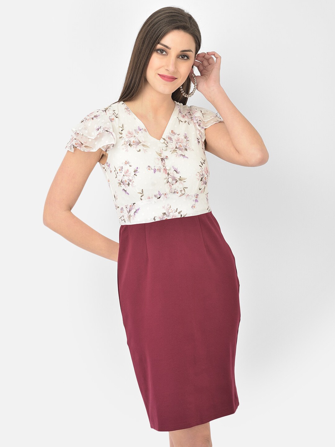 

Latin Quarters White & Magenta Floral Mix & Match Pattern Sheath Dress