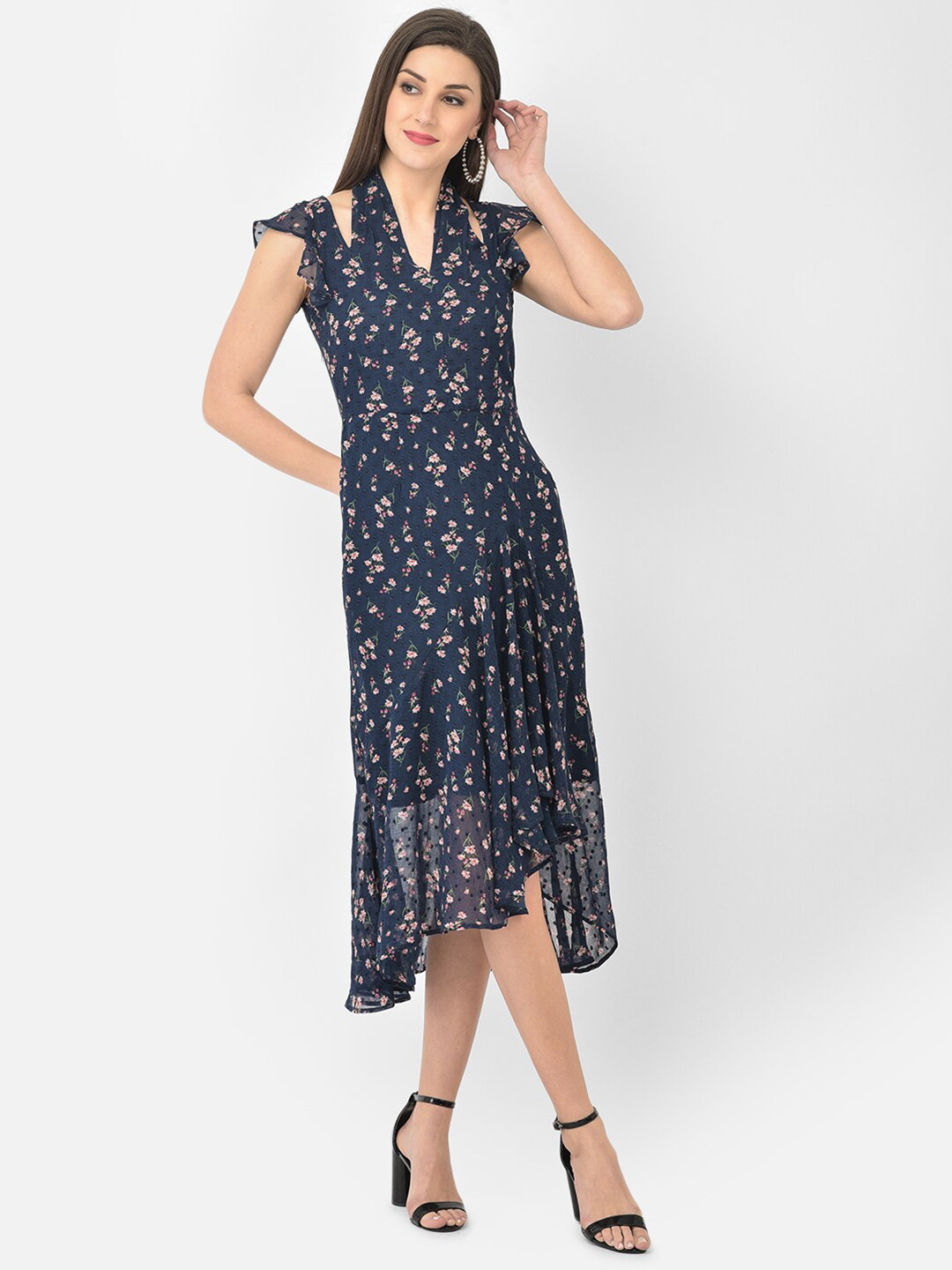 

Latin Quarters Navy Blue Floral A-Line Midi Dress