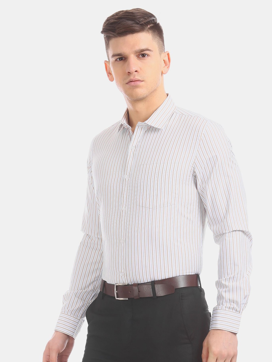 

Excalibur Men Pack Of 2 Beige & Blue Striped Formal Shirt