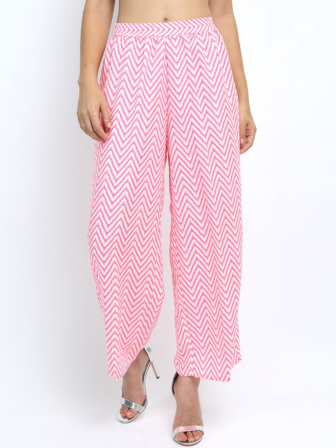 

Vishudh Women White & Pink Geometric Printed Straight Palazzo, Off white