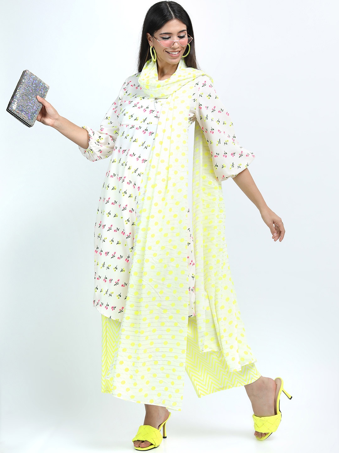 

Vishudh Women Off White Floral Printed Angrakha Kurta with Trousers and dupatta