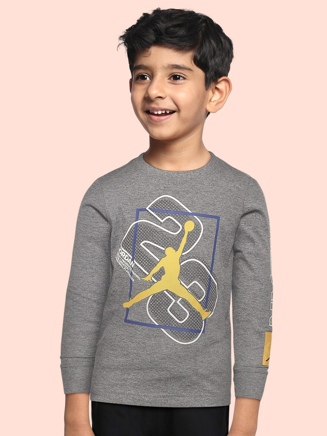 

Jordan Boys Grey Melange & Yellow Brand Logo Printed T-shirt