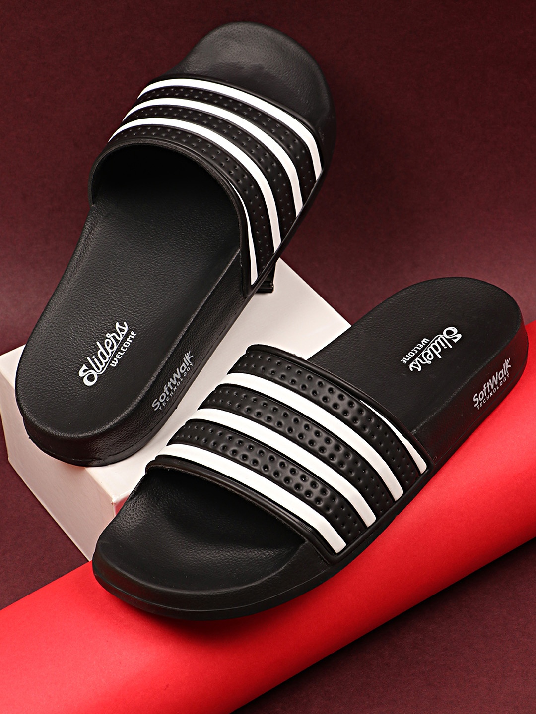 

WELCOME Men Black & White Striped Sliders