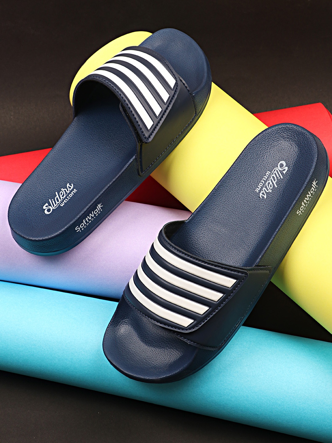 

WELCOME Men Navy Blue Striped Sliders