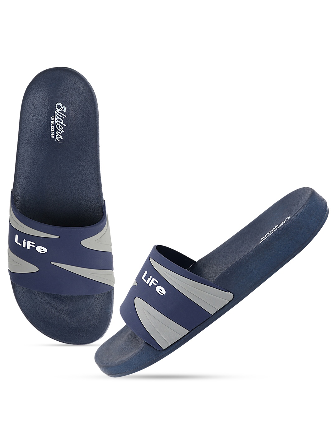 

WELCOME Men Navy Blue & Grey Printed Sliders