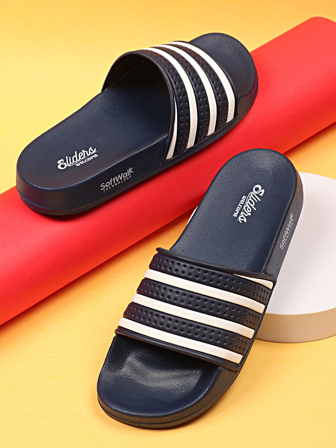 

WELCOME Men Navy Blue Striped Sliders