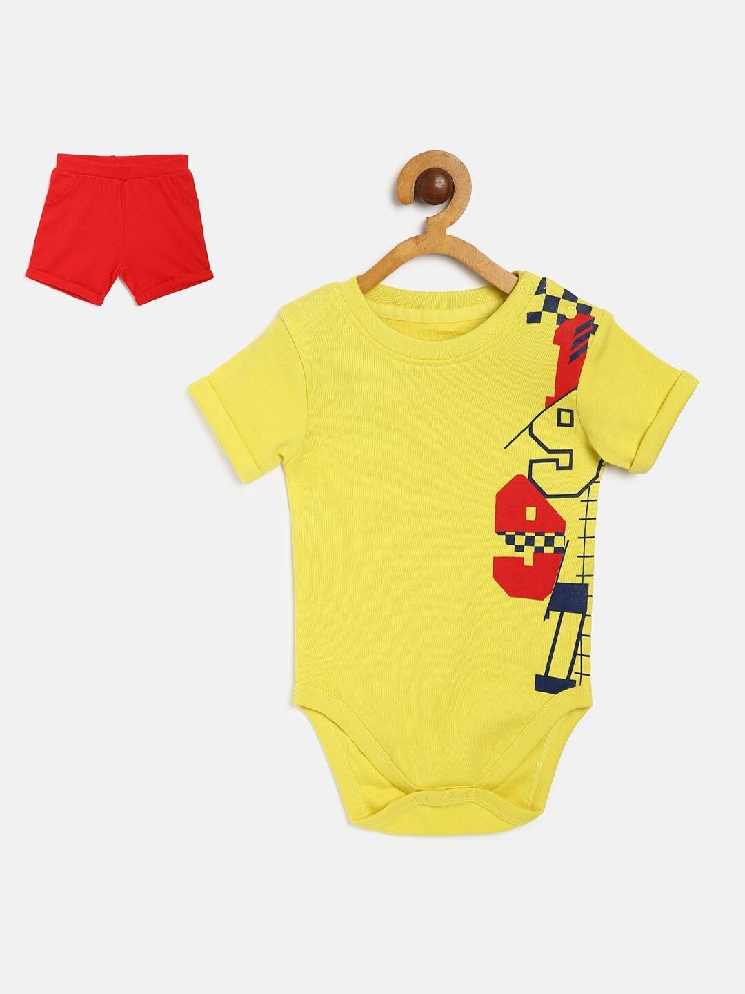 

MINI KLUB Boys Yellow & Red Printed Pure Cotton Body Suit With Shorts