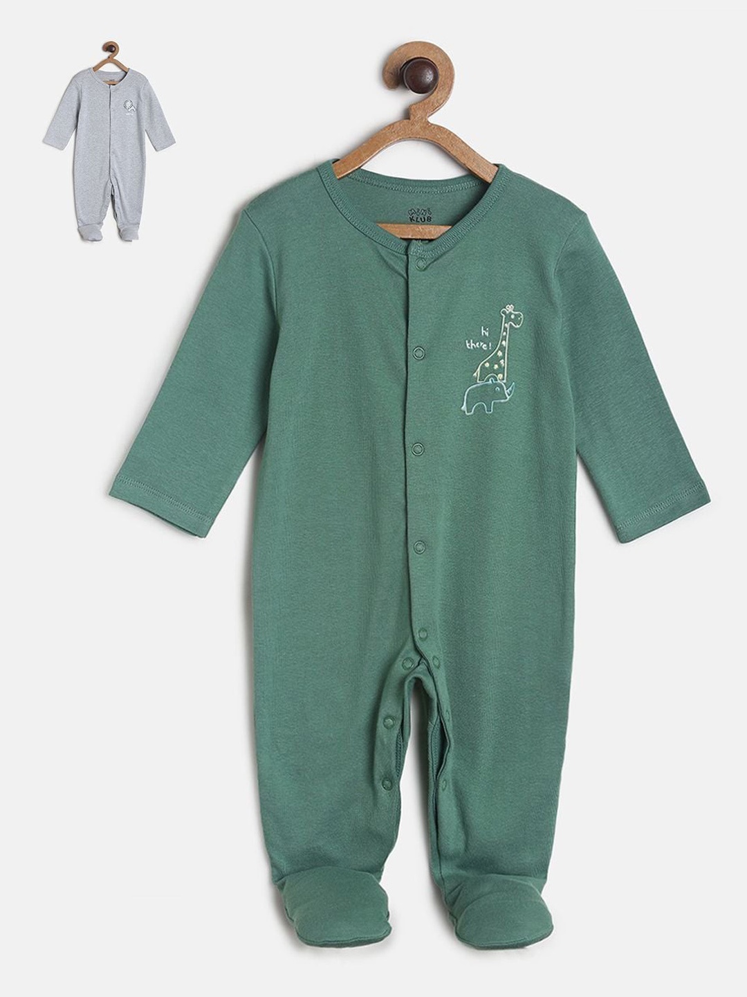 

MINI KLUB Infant Boys Green & Grey Pack Of 2 Solid Pure Cotton Sleepsuit