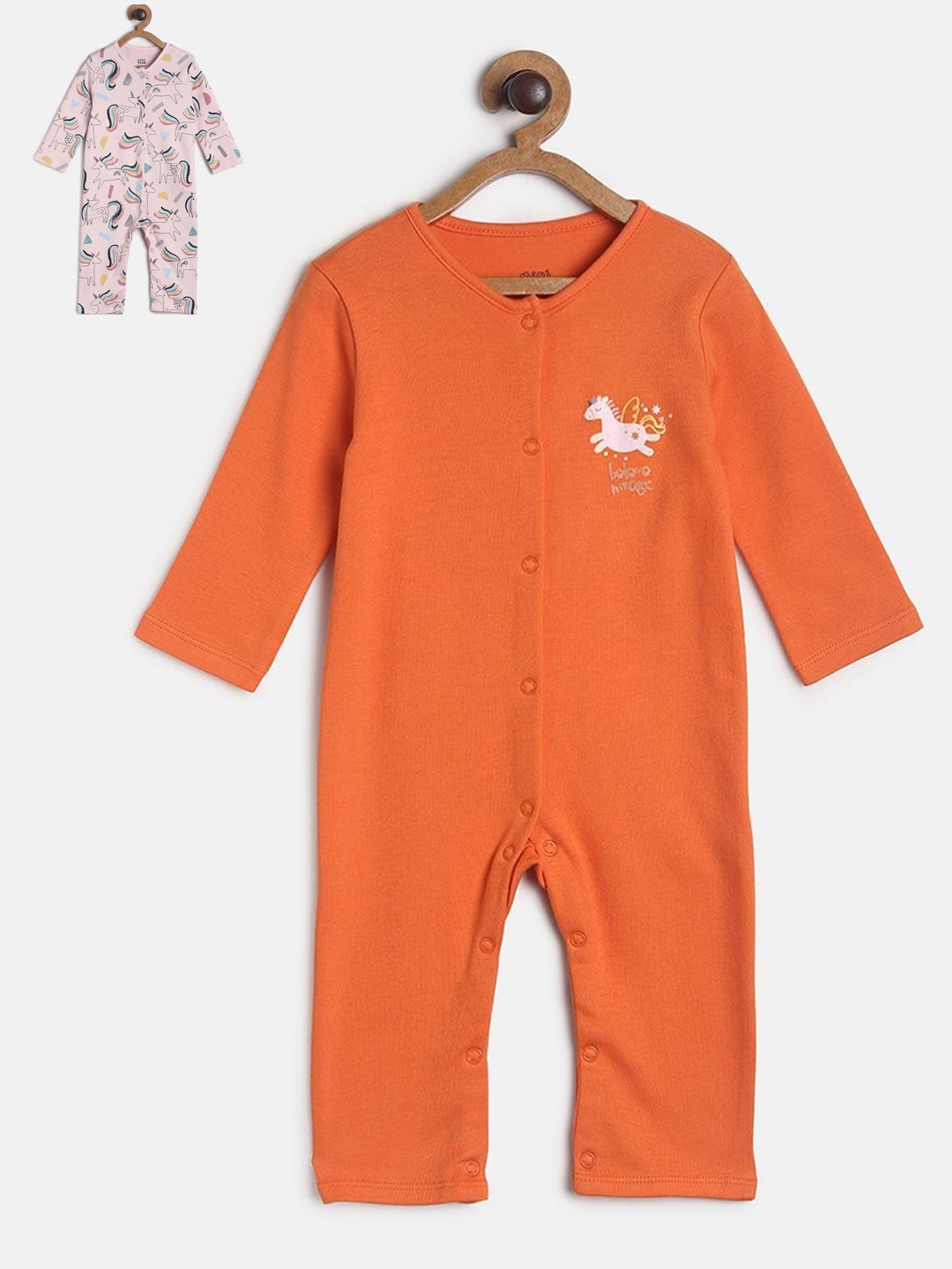 

MINI KLUB Girls Pack Of 2 Orange & Pink Printed Pure Cotton Rompers