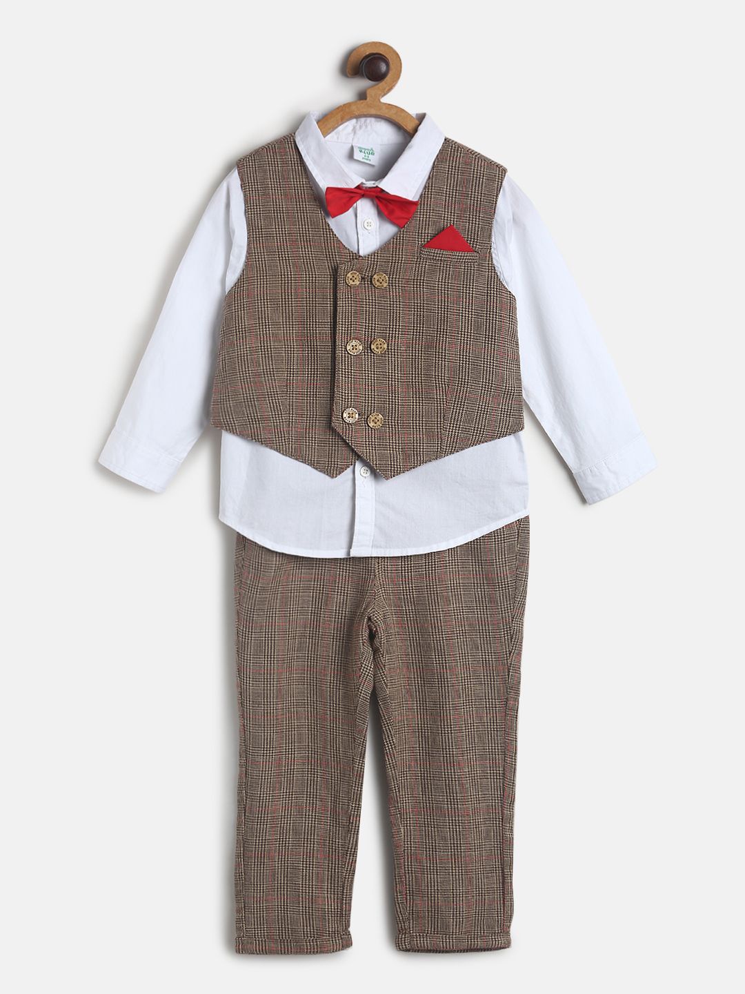 

MINI KLUB Boys Brown & White Checked Pure Cotton Shirt with Trousers With Waist Coat