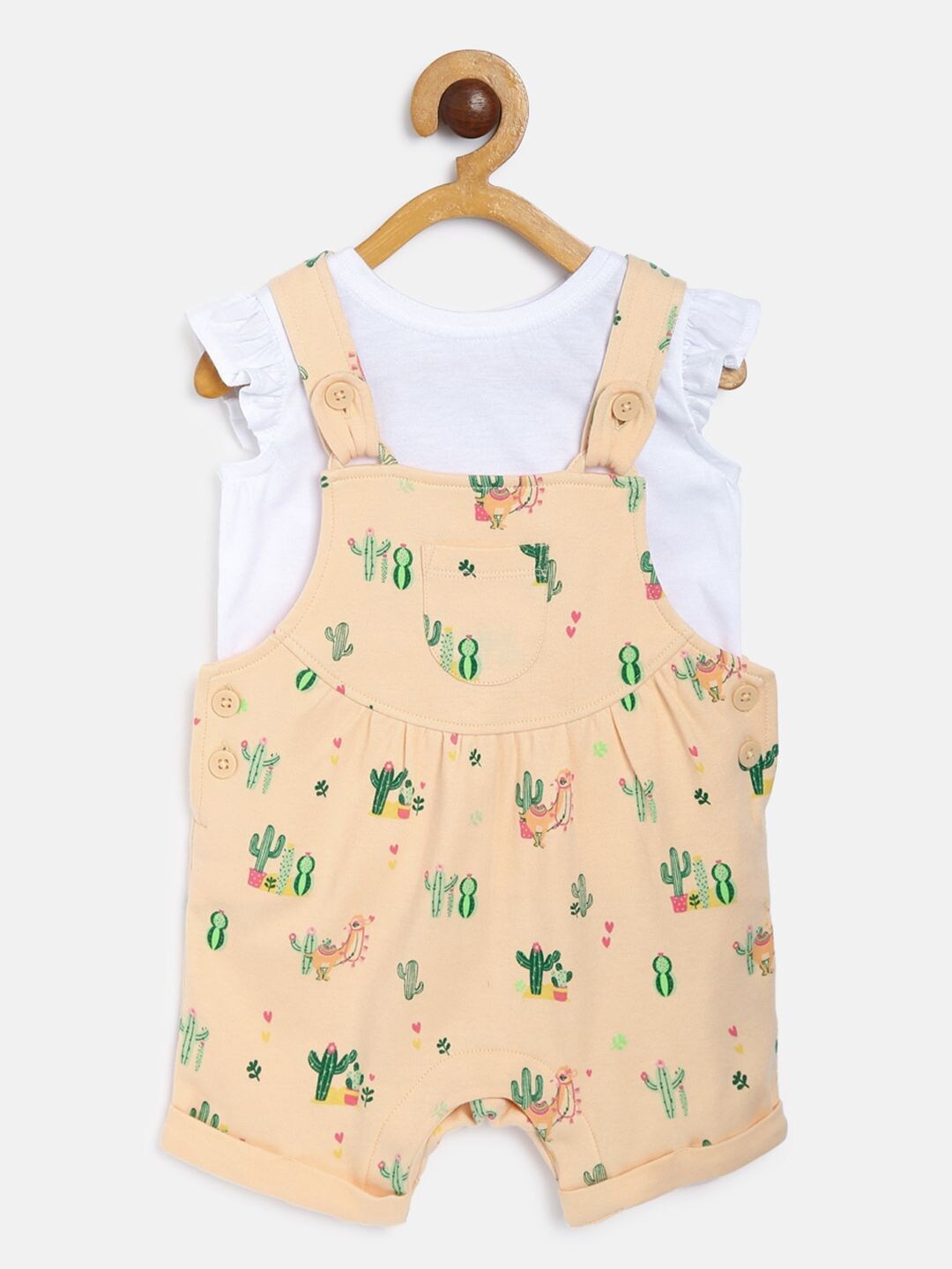 

MINI KLUB Infant Girls White & Cream-Coloured Pure Organic Cotton Top with Dungaree