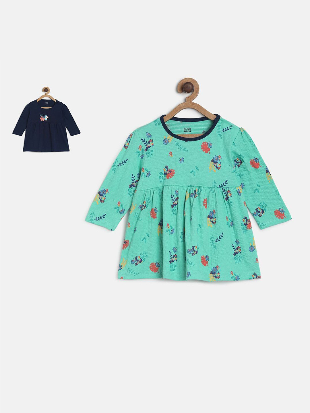 

MINI KLUB Pack Of 2 Sea Green & Navy Blue A-Line Pure Cotton Dresses