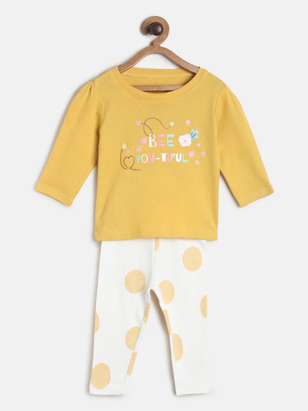 

MINI KLUB Infant Girls Yellow & White Pure Cotton Printed Top with Trousers