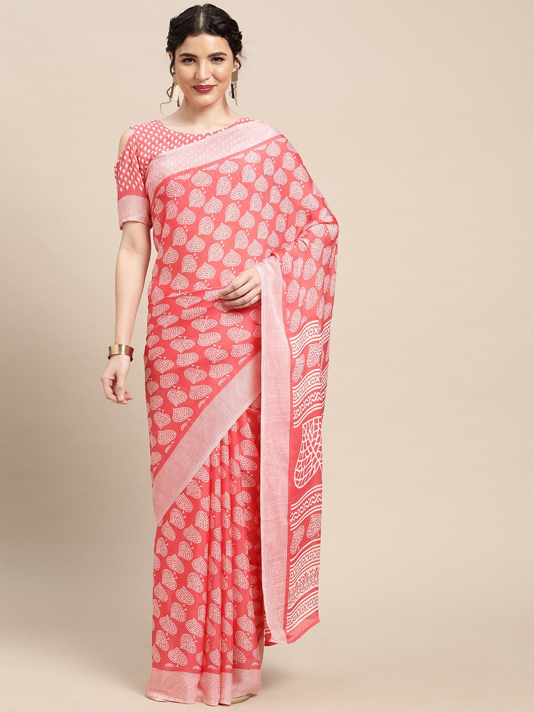 

Mitera Peach-Coloured & White Ethnic Motifs Pure Georgette Saree
