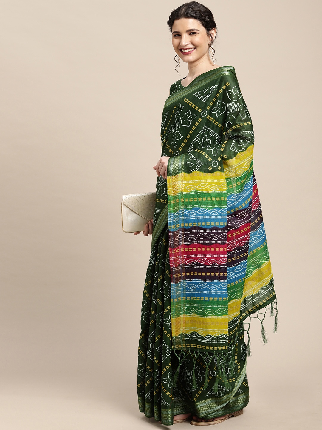 

Mitera Olive Green & Yellow Bandhani Pure Cotton Saree