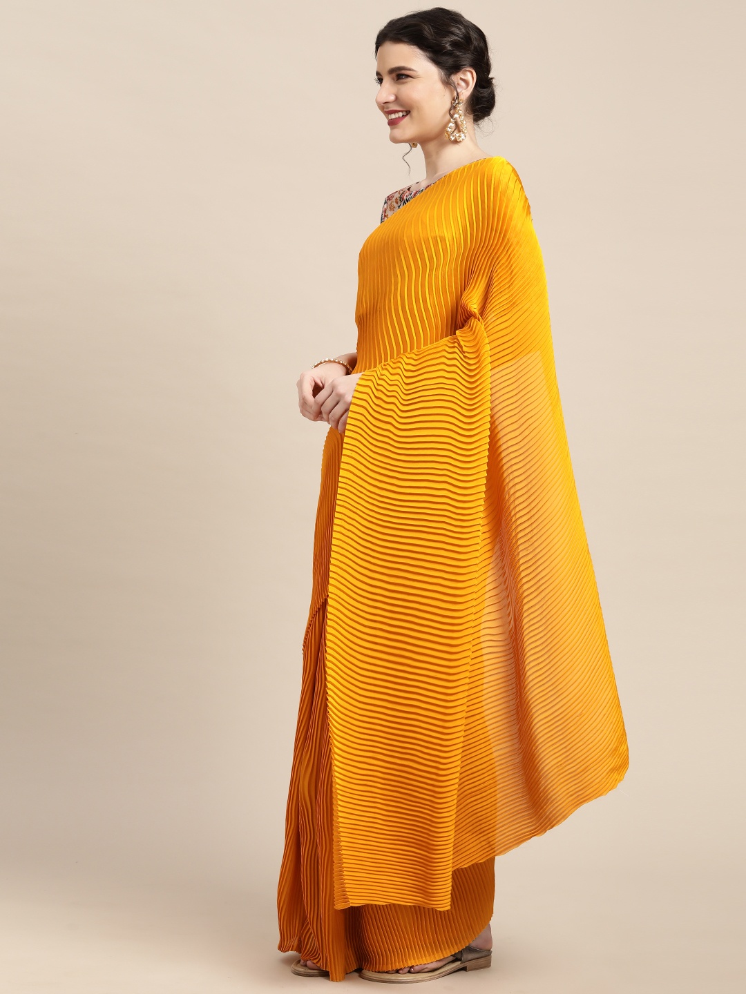 

Mitera Mustard Yellow Pleated Satin Saree