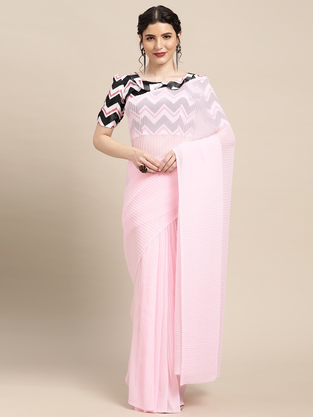 

Mitera Peach-Coloured Pleated Pure Georgette Saree