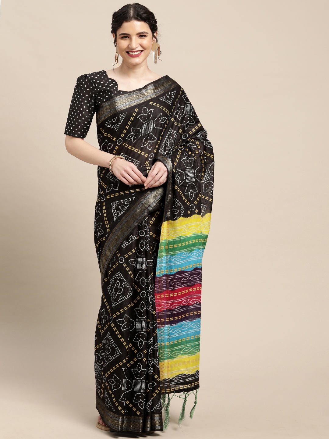 

Mitera Black & Yellow Bandhani Pure Cotton Saree