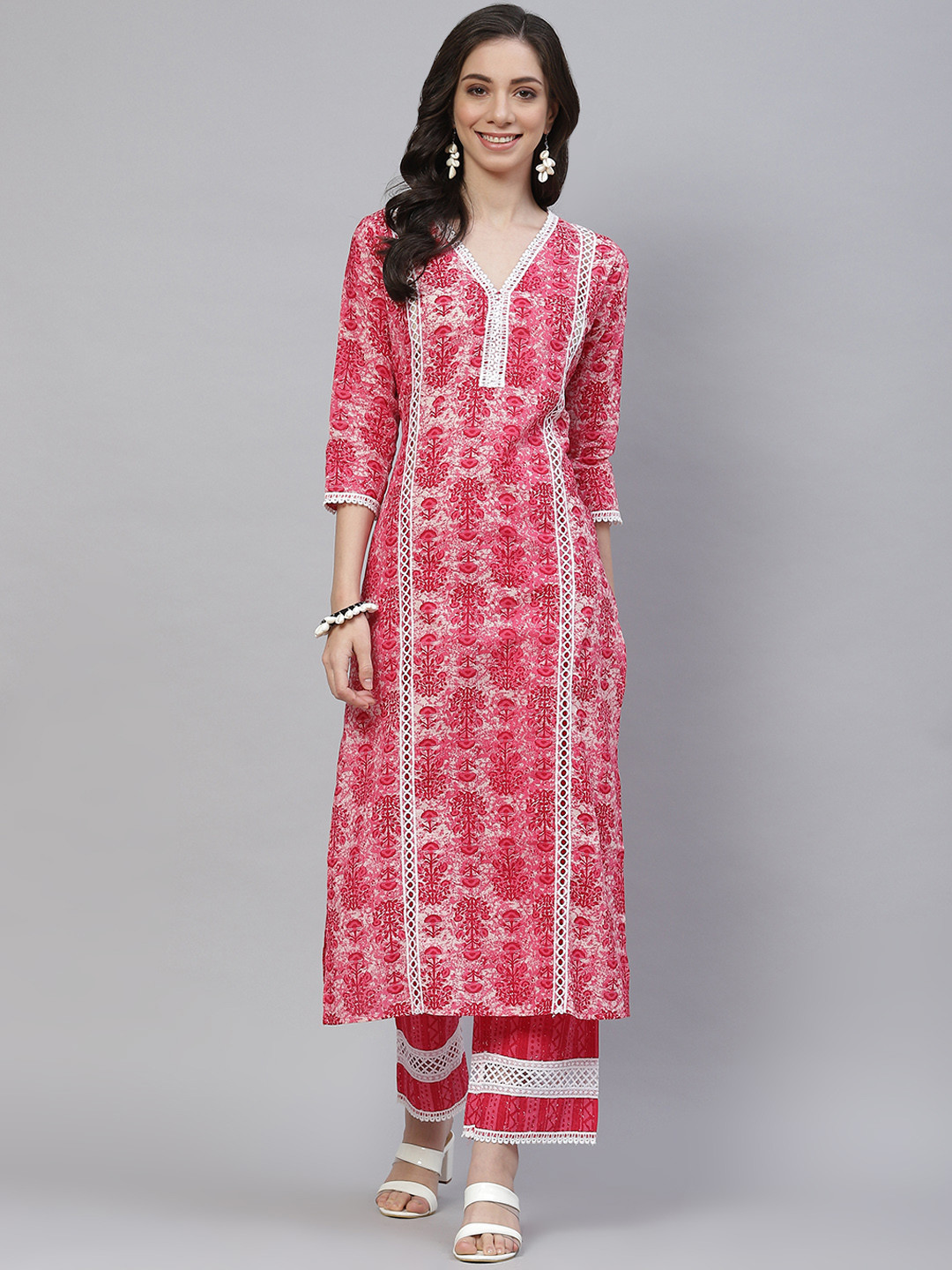 

mokshi Women Pink Ethnic Motifs Printed Pure Cotton Kurta with Palazzos