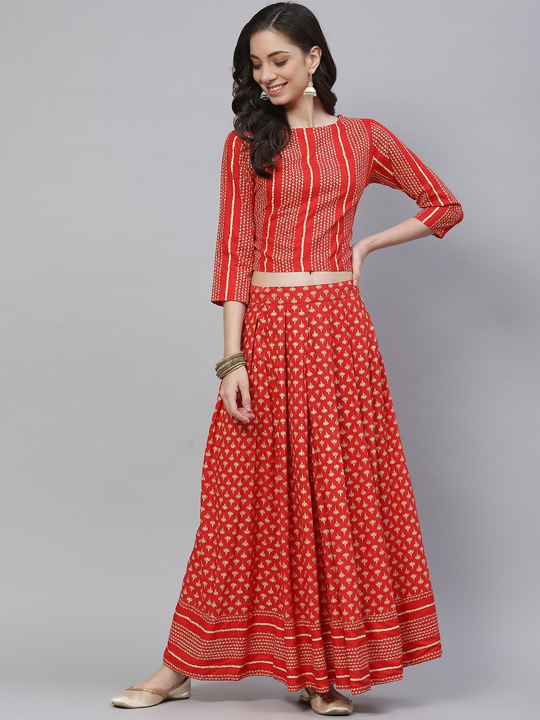 

mokshi Women Red Printed Top with Skirt
