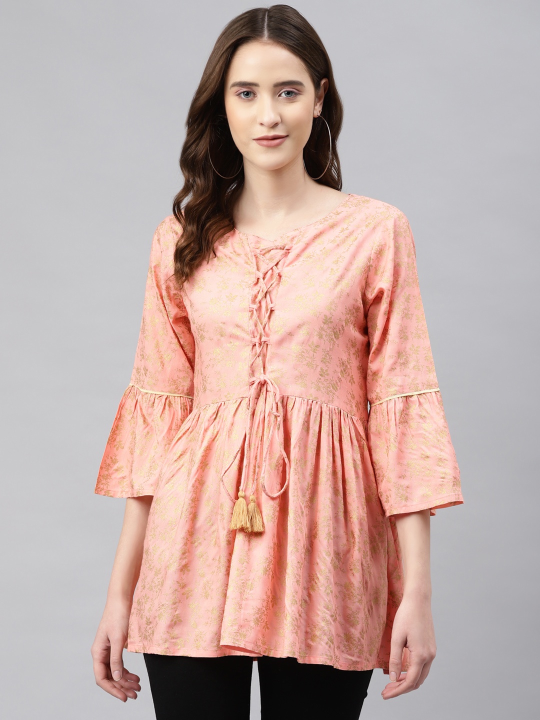 aayusika Peach-Coloured & Golden Floral Print Top