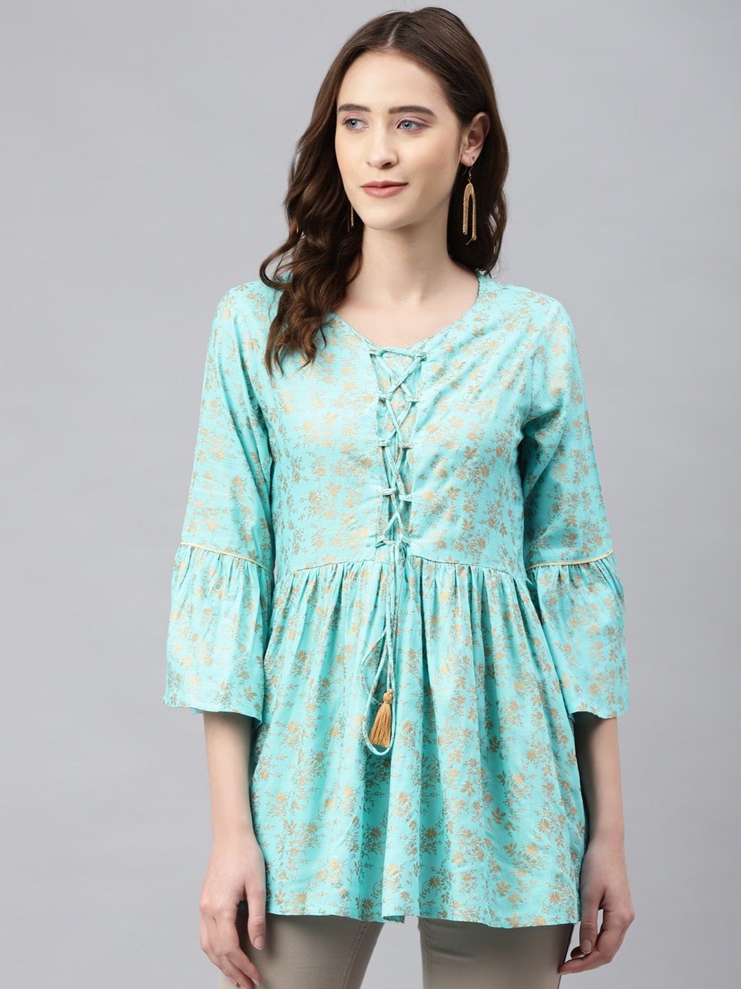 

aayusika Women Blue & Golden Floral Printed Top