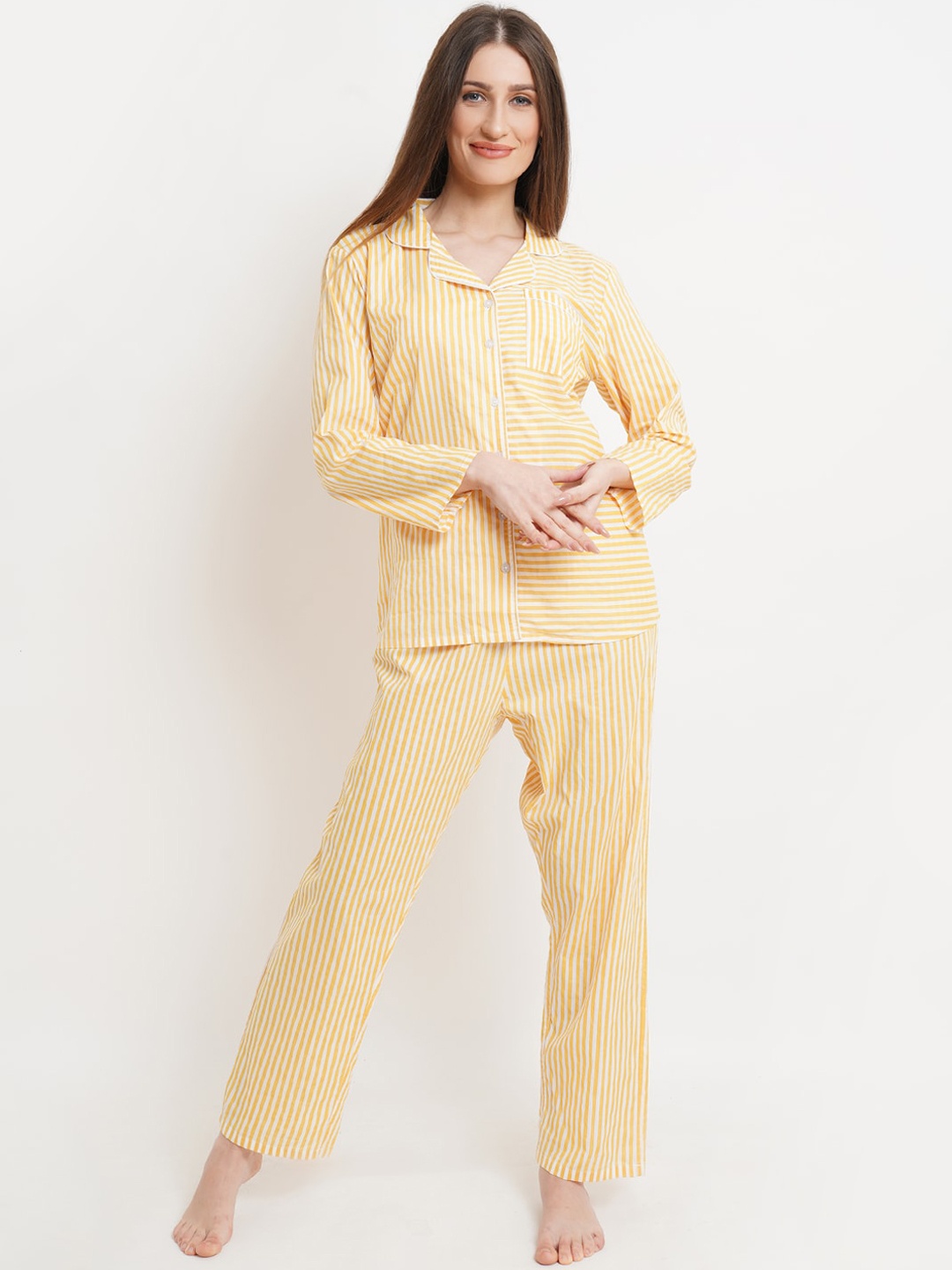 

IX IMPRESSION Women Yellow & White Striped Night suit