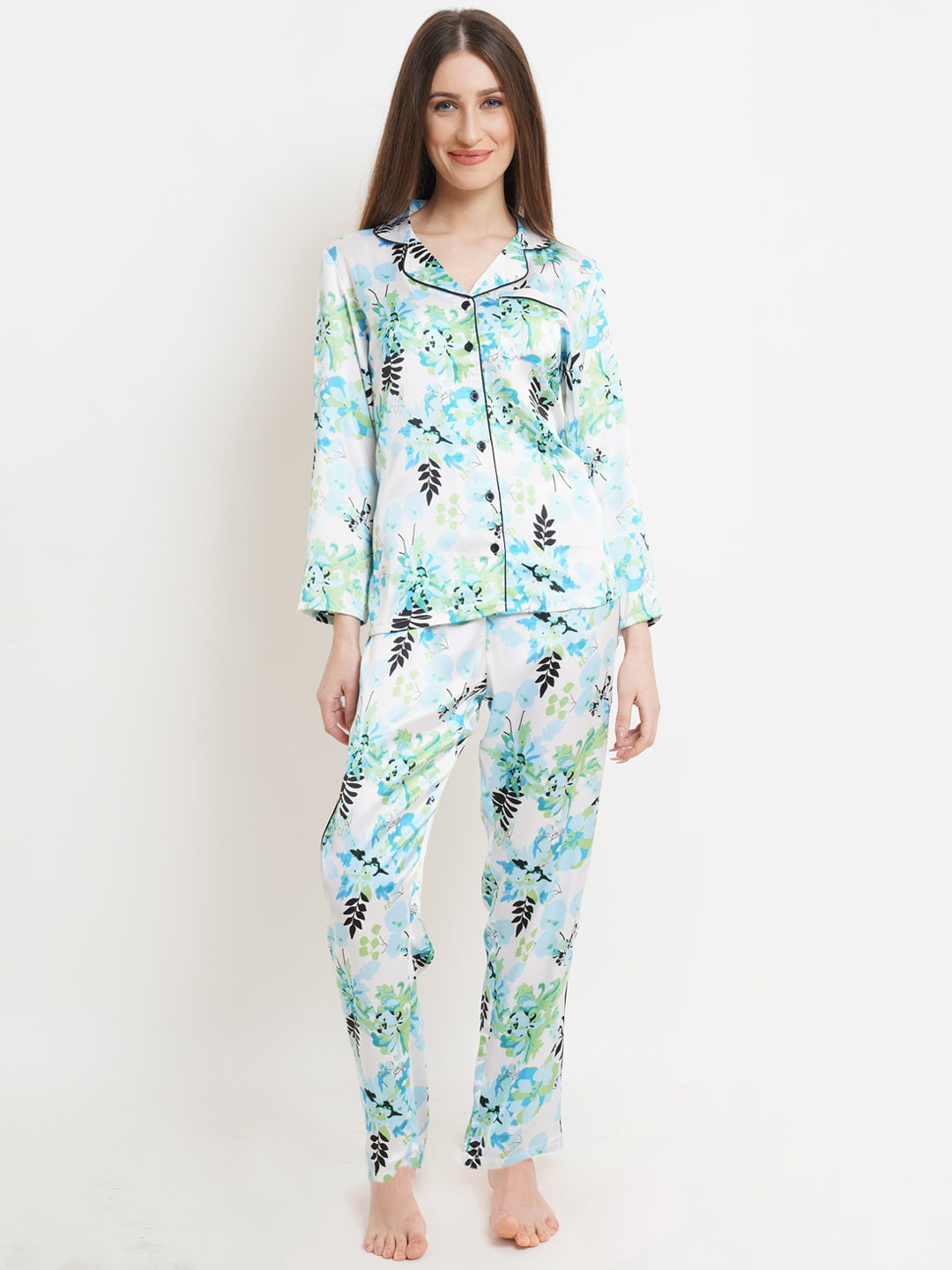 

IX IMPRESSION Women Turquoise Blue & Green Printed Satin Night suit