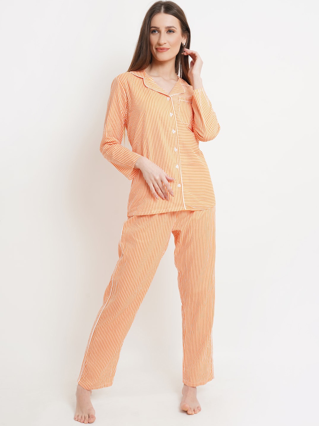 

IX IMPRESSION Women Orange & White Striped Pure Cotton Night suit