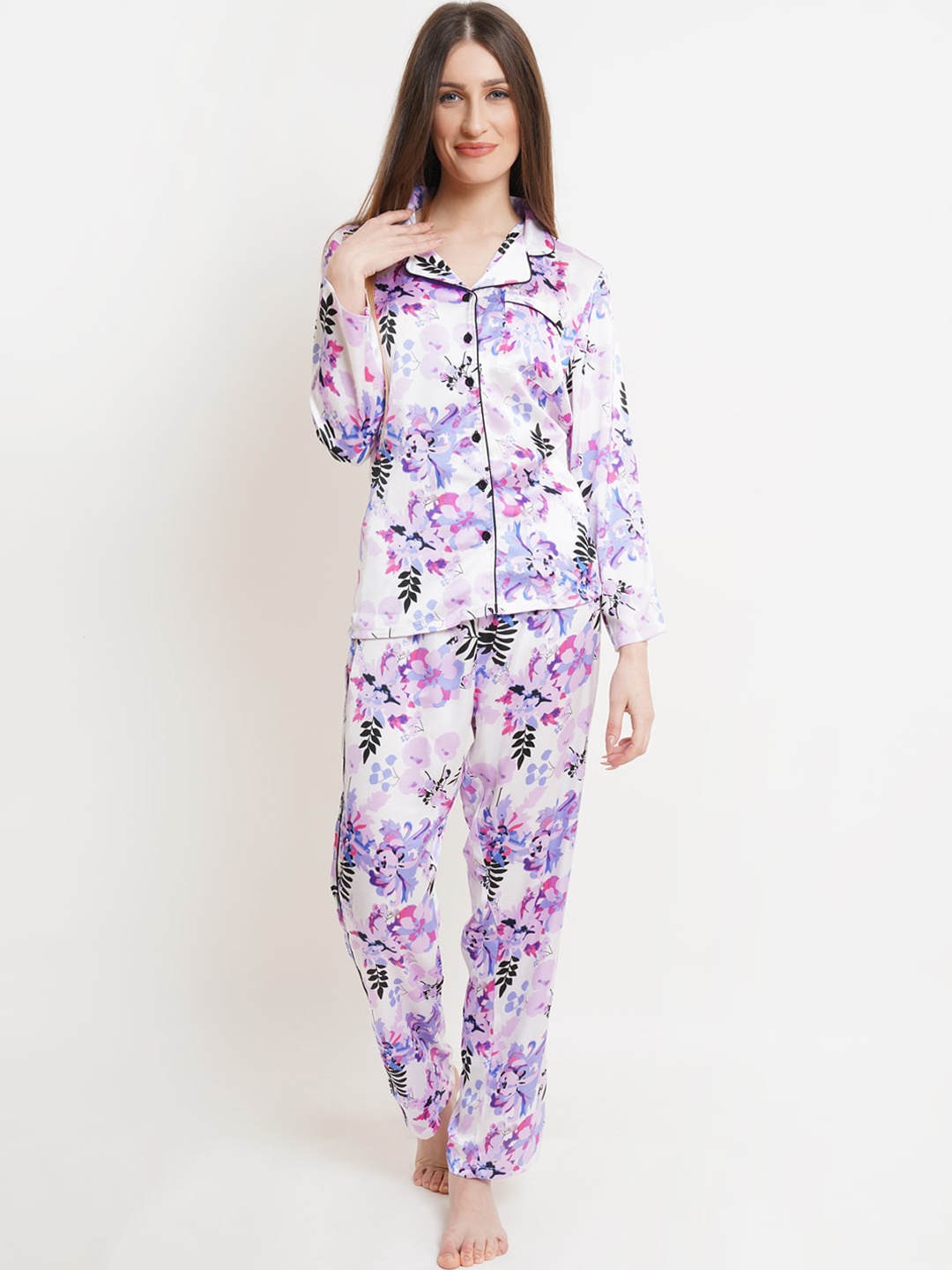 

IX IMPRESSION Women Purple & White Printed Night suit