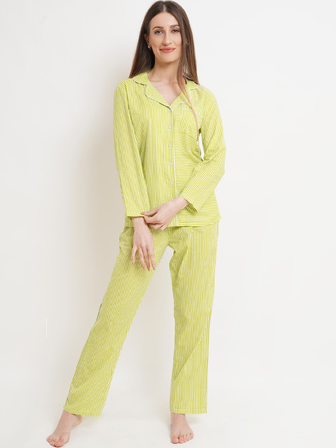 

IX IMPRESSION Women Green & White Striped Pure Cotton Night suit
