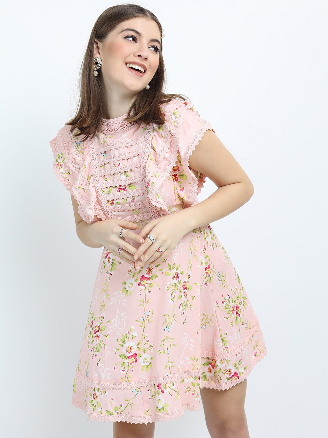 

Tokyo Talkies Pink & Green Floral Printed Fit & Flare Dress