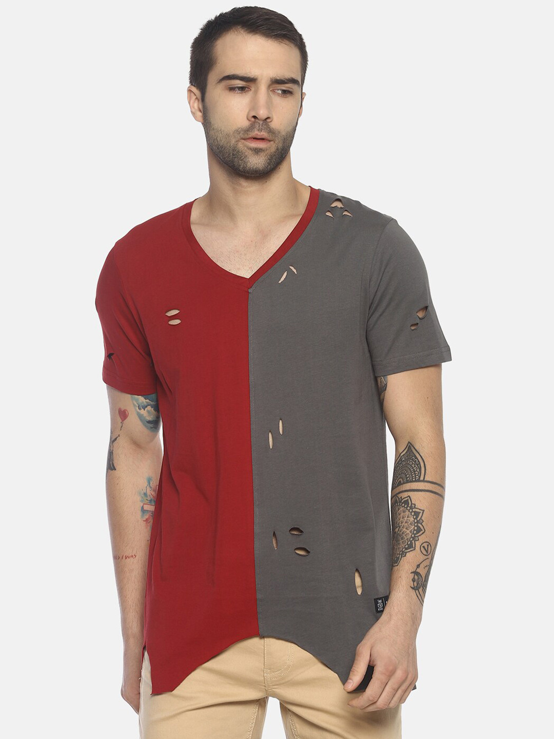

KULTPRIT Men Maroon & Grey Colourblocked V-Neck Pure Cotton Cut Outs Slim Fit T-shirt