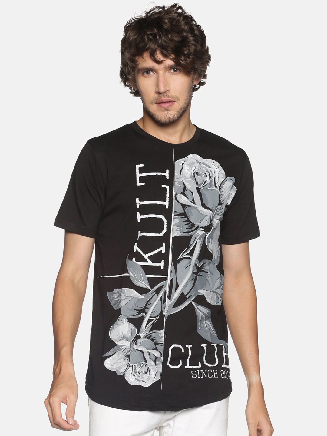

KULTPRIT Men Black Printed Pure Cotton Raw Edge Slim Fit T-shirt