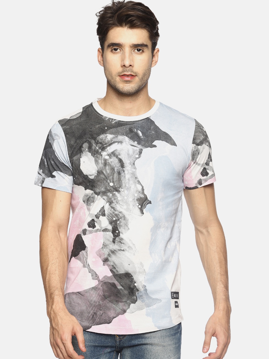 

KULTPRIT Men White & Grey Abstract Printed Pure Cotton Slim Fit T-shirt