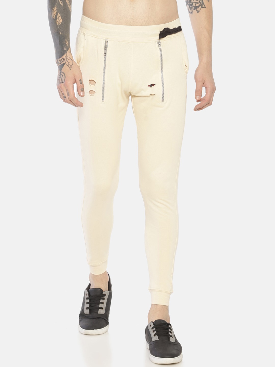 

KULTPRIT Men Cream-Coloured Slim Fit Cotton Joggers Trousers