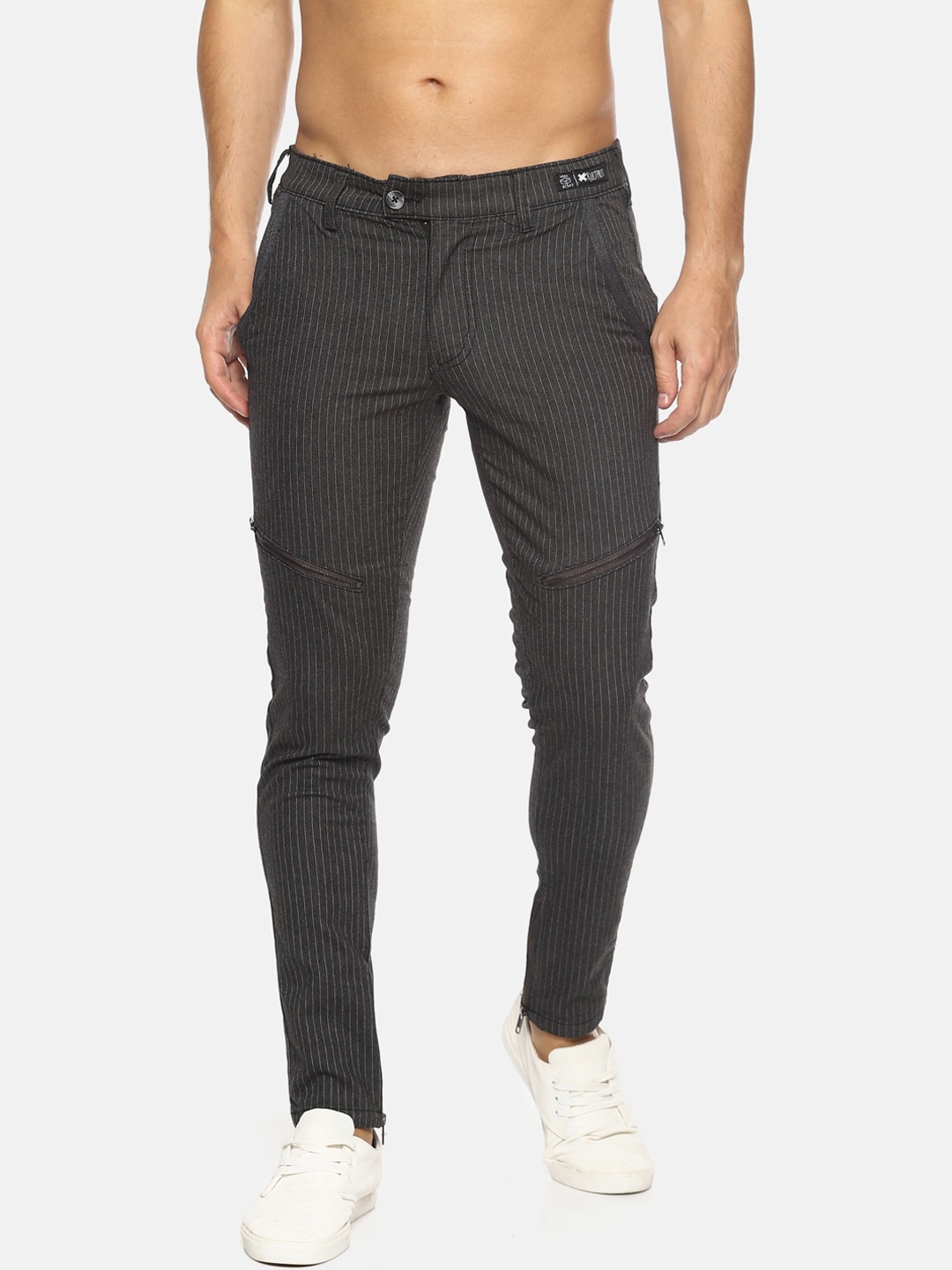

KULTPRIT Men Grey Striped Slim Fit Trousers