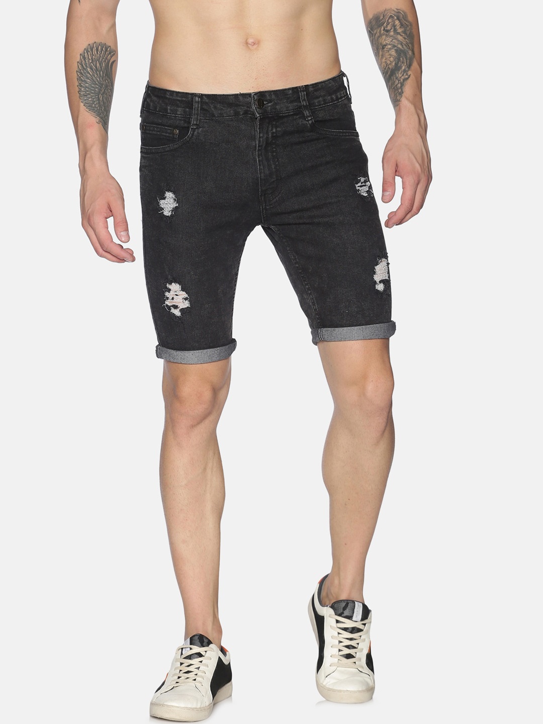 

IMPACKT Men Black Washed Distressed Cotton Slim Fit Denim Shorts