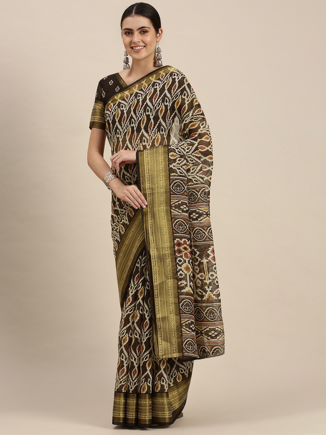 

Satrani Brown & Beige Geometric Print Saree