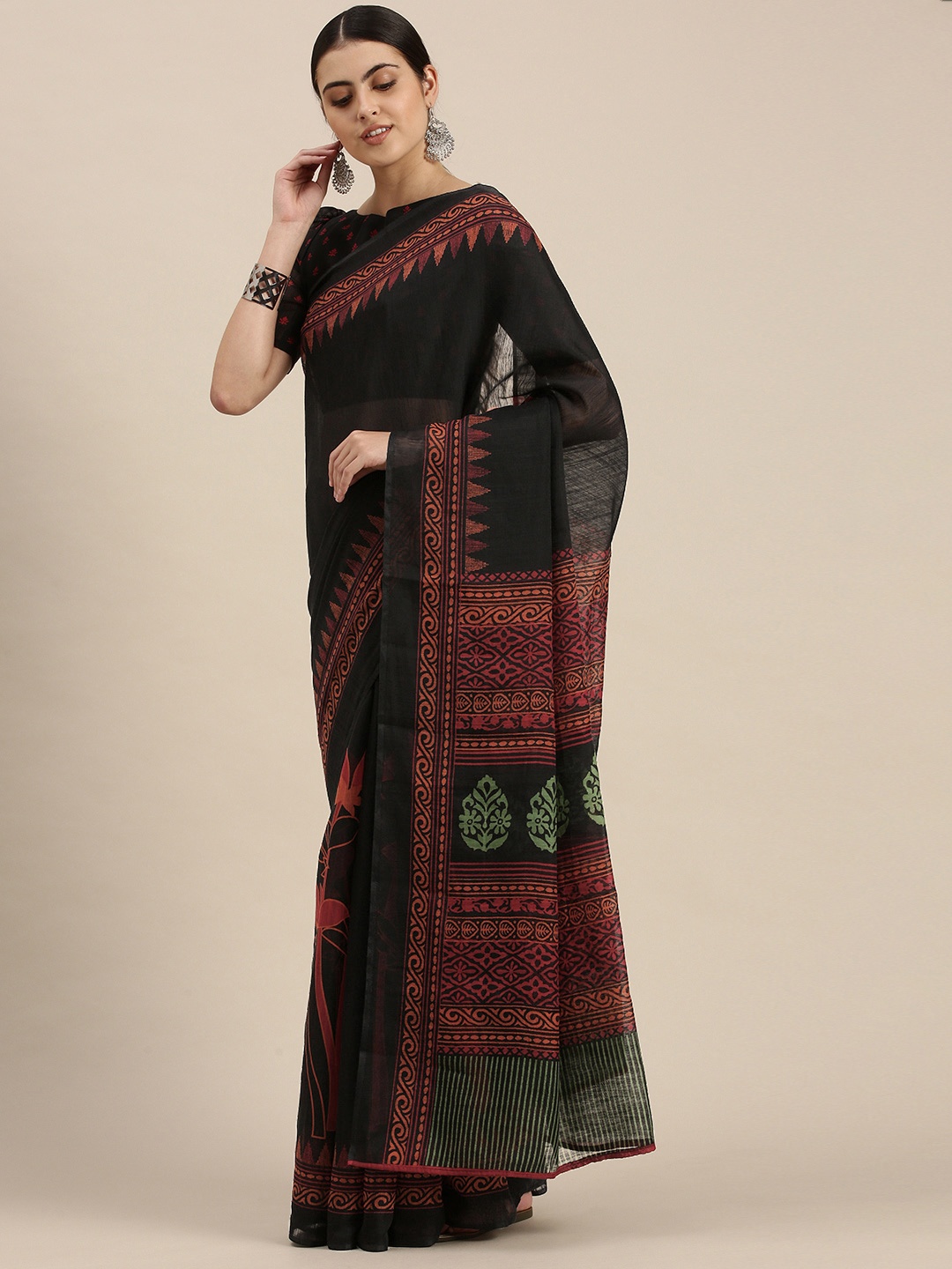 

Satrani Black & Green Ethnic Motifs Printed Saree