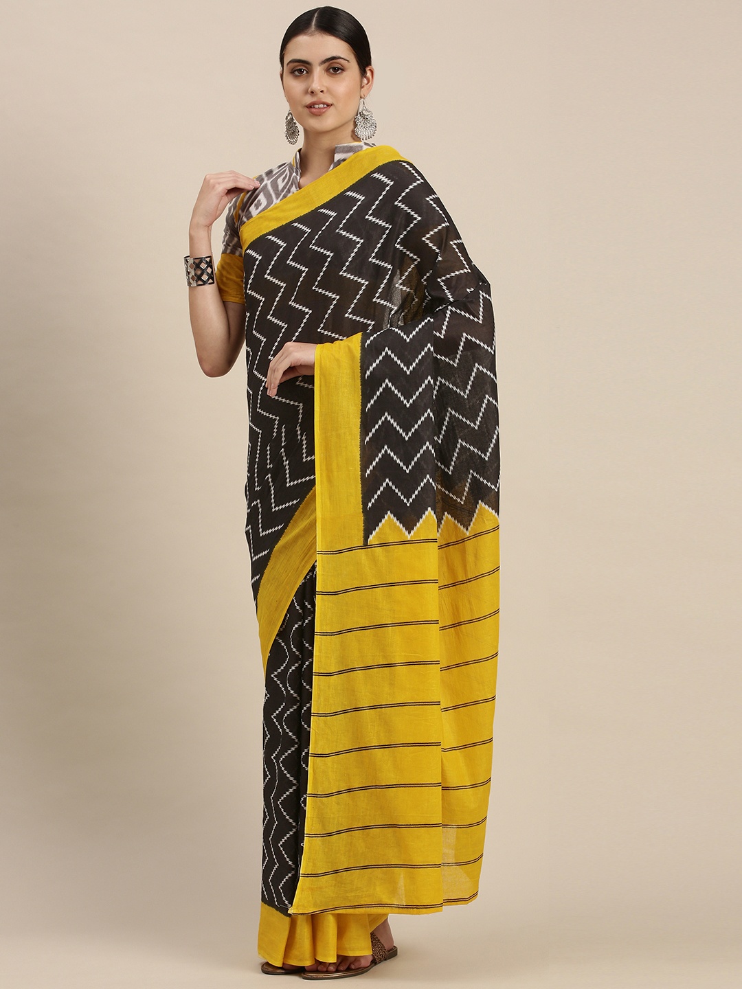 

Satrani Black & Yellow Pure Cotton Geometric Print Saree