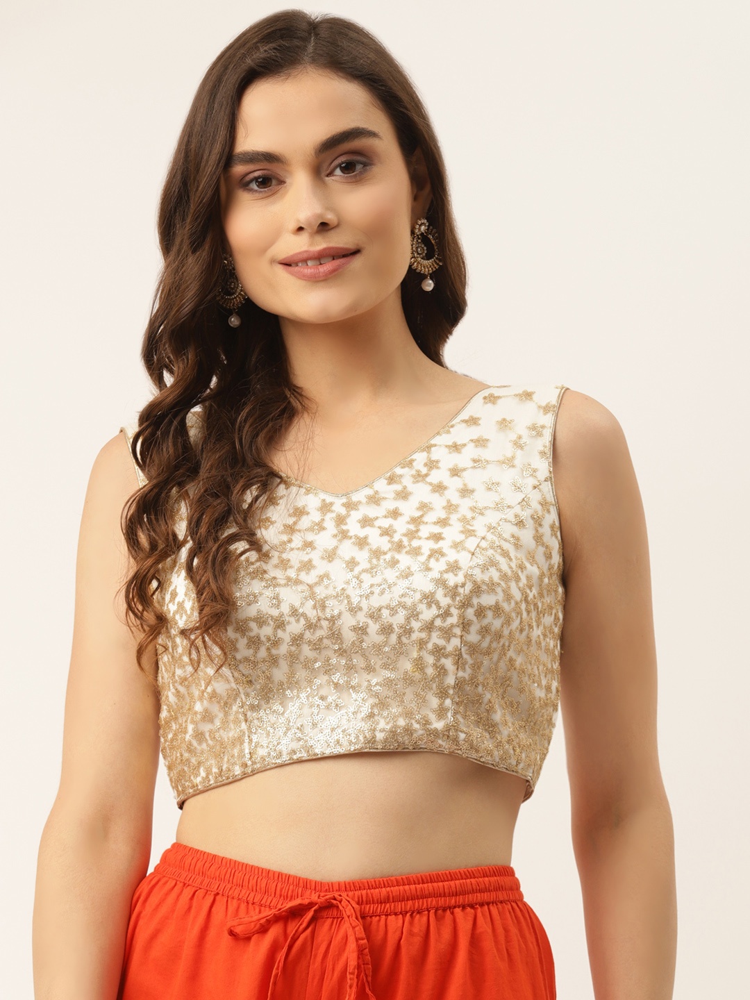 

NDS Niharikaa Designer Studio Women White & Golden Sequinned Padded Saree Blouse