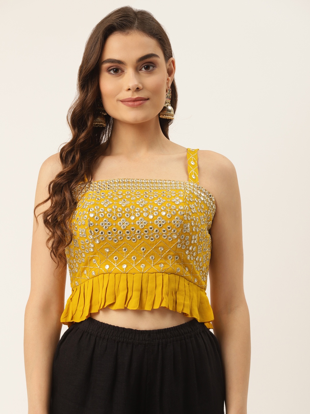 

NDS Niharikaa Designer Studio Mustard Yellow Embroidered Padded Blouse with Ruffle Detail