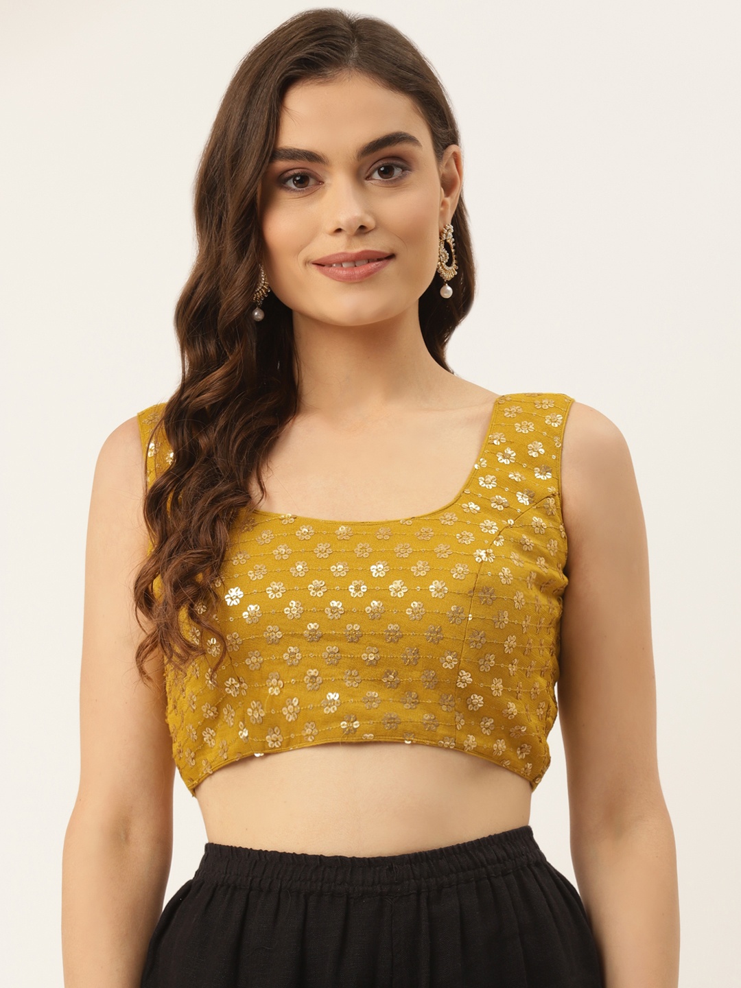 

NDS Niharikaa Designer Studio Women Mustard Yellow Sequinned Padded Saree Blouse