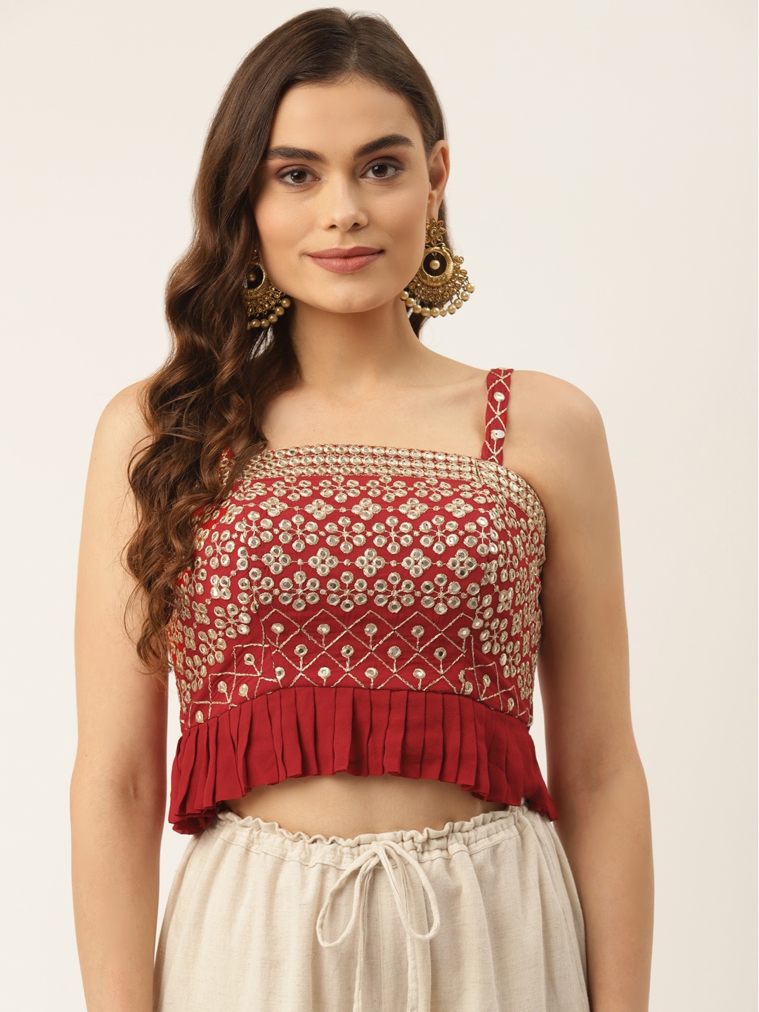 

NDS Niharikaa Designer Studio Red Embroidered Padded Blouse with Ruffle Detail