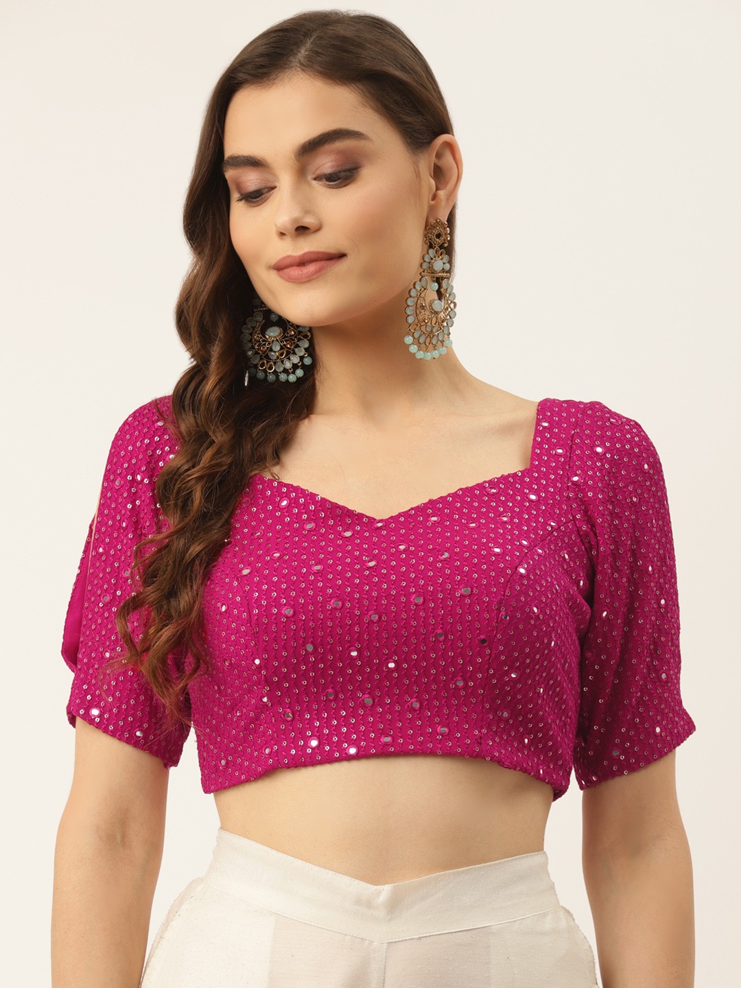 

NDS Niharikaa Designer Studio Magenta Mirror Work Embroidered Padded Readymade Blouse