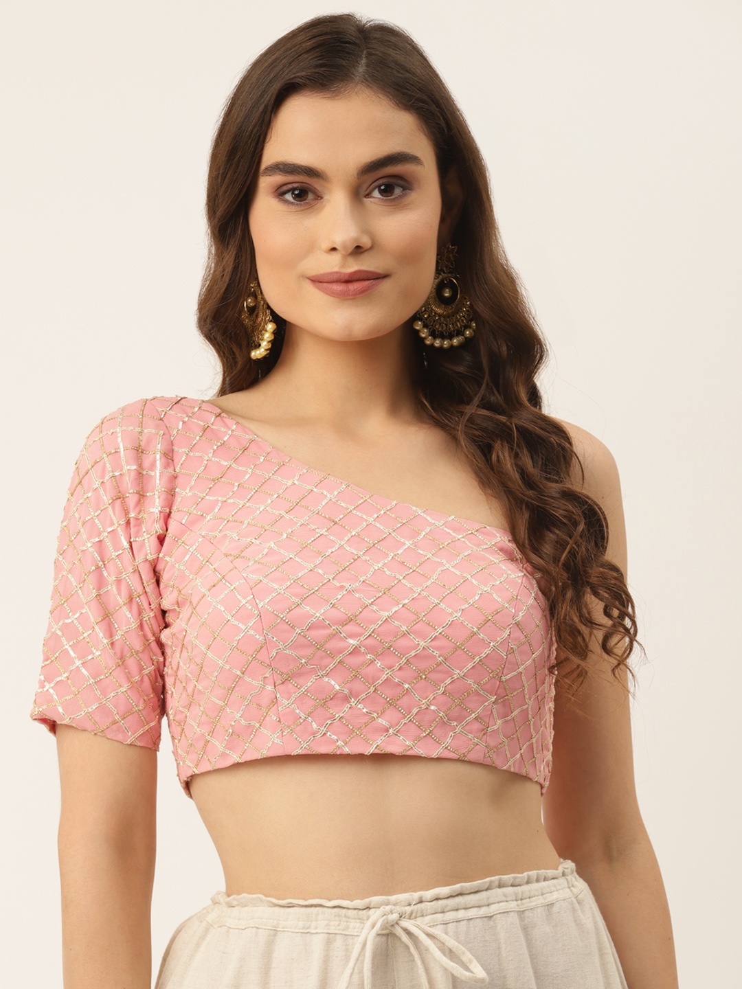 

NDS Niharikaa Designer Studio Women Pink & Golden Sequinned Padded Saree Blouse